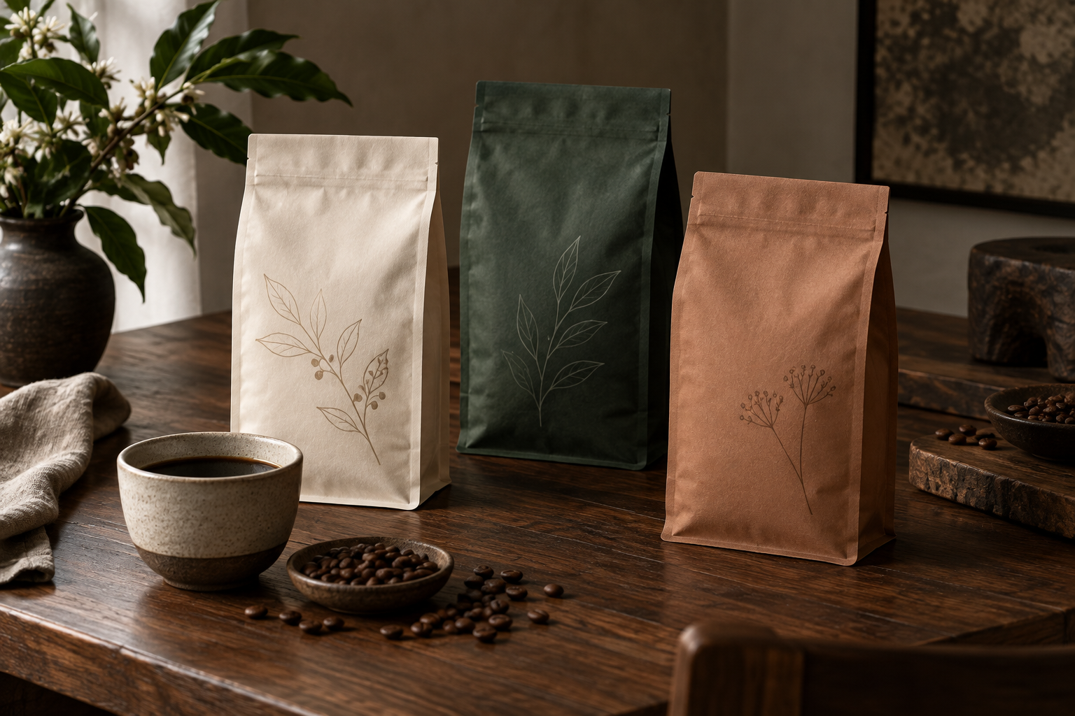 Illustrative coffee packaging and tasting cup