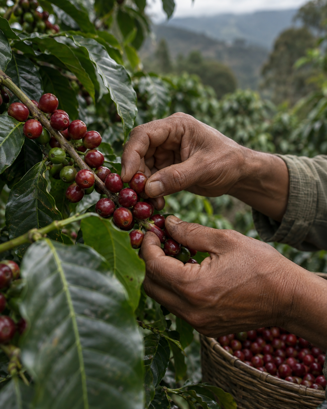 Illustration of hands selecting ripe coffee cherries